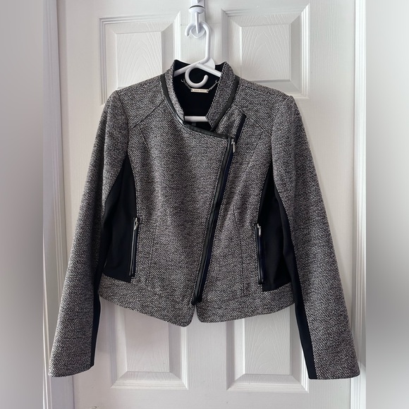 White House Black Market Jackets & Blazers - White House Black Market White + Black Tweed Moto Jacket Faux Leather Size 8